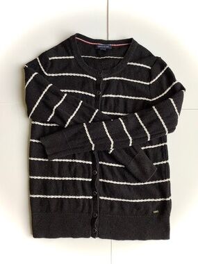 Tommy Hilfiger Black & Corded White Stripe Knit Button Down Cardigan